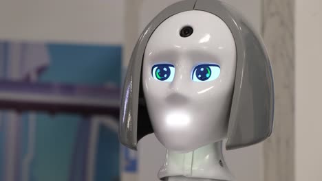 the robot is made in the form of a girl who communicates with people the female robot answers the question and nods