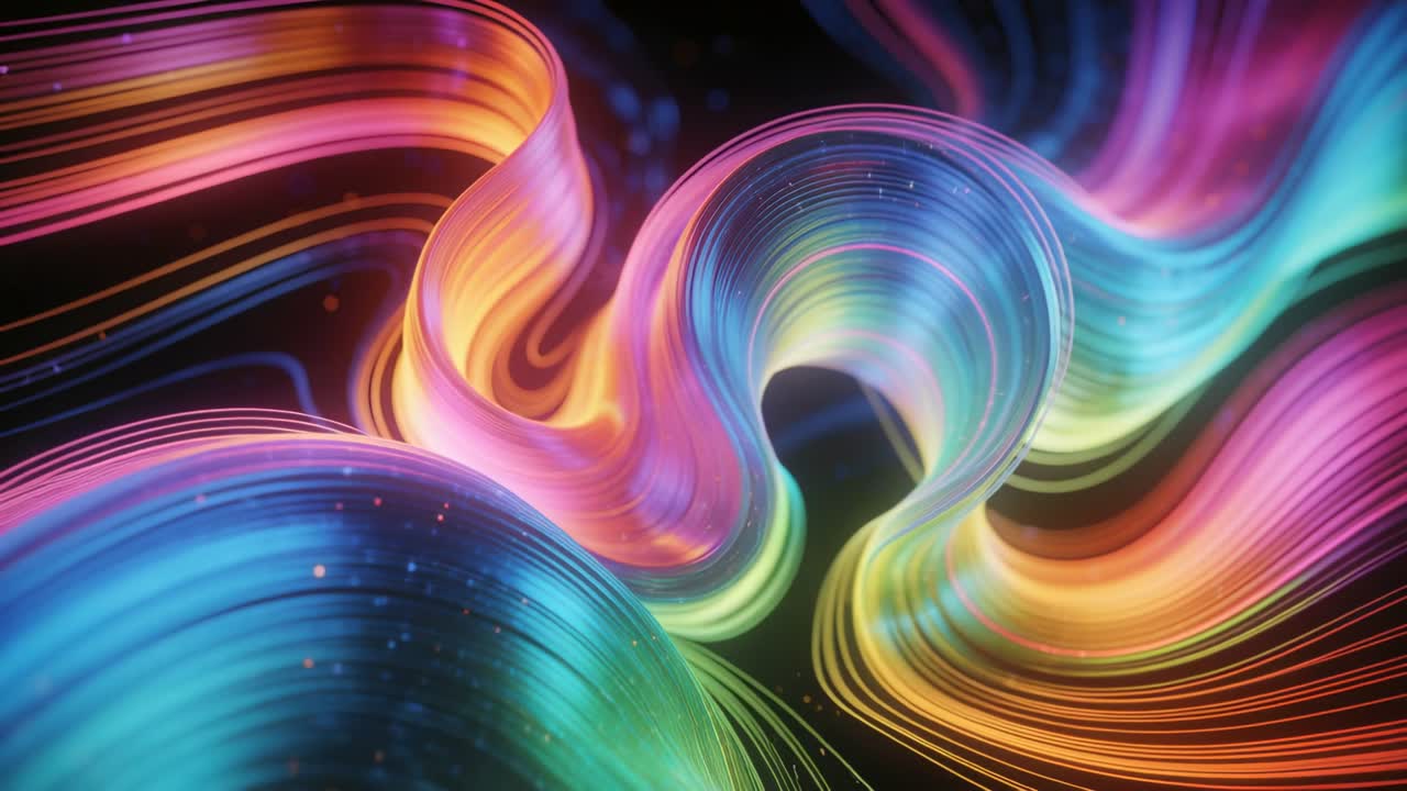 Telecamera in movimento che attira l'attenzione mentre nastri al neon si avvolgono in un vortice nel vuoto, aggiungendo profondità tramite filamenti.