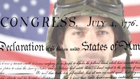 animation of article text over caucasian soldier and flag of united states of america