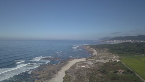 Aerial-top-down-view-of-Portuguese-northern-beach-of-Caminha,-Viana-do-Castelo,-Portugal