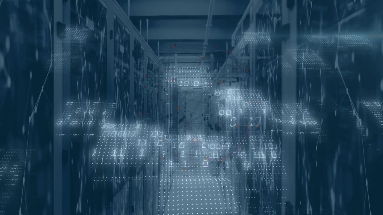 Animation of data processing and network of connections over server room
