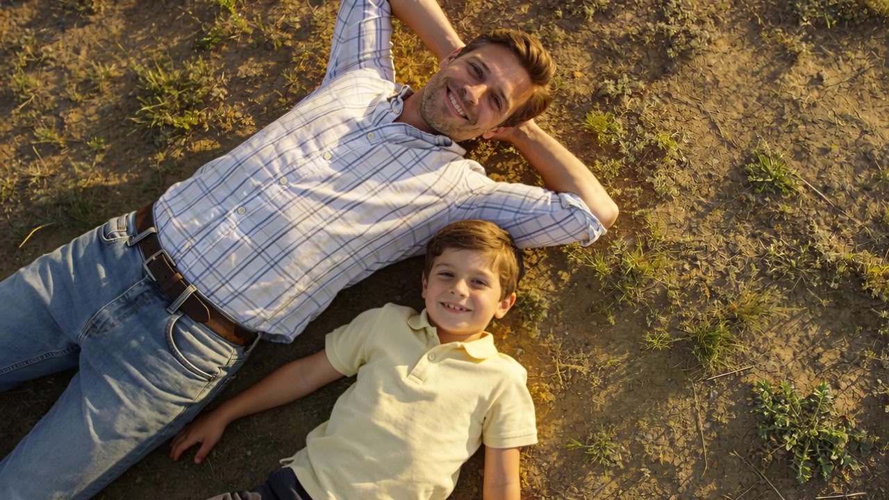Padre e figlio sdraiati che osservano, con una telecamera aerea che sorvola il terreno asciutto e illuminato dal sole; il padre in camicia a quadri e il figlio in polo gialla.