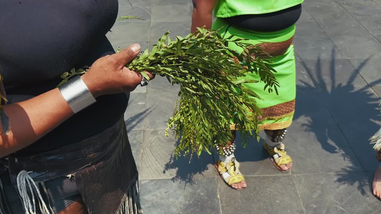 Close-up of a performer holding a fresh bundle of green ceremonial herbs, with traditional clothing and accessories visible during a cultural ritual in a public plaza