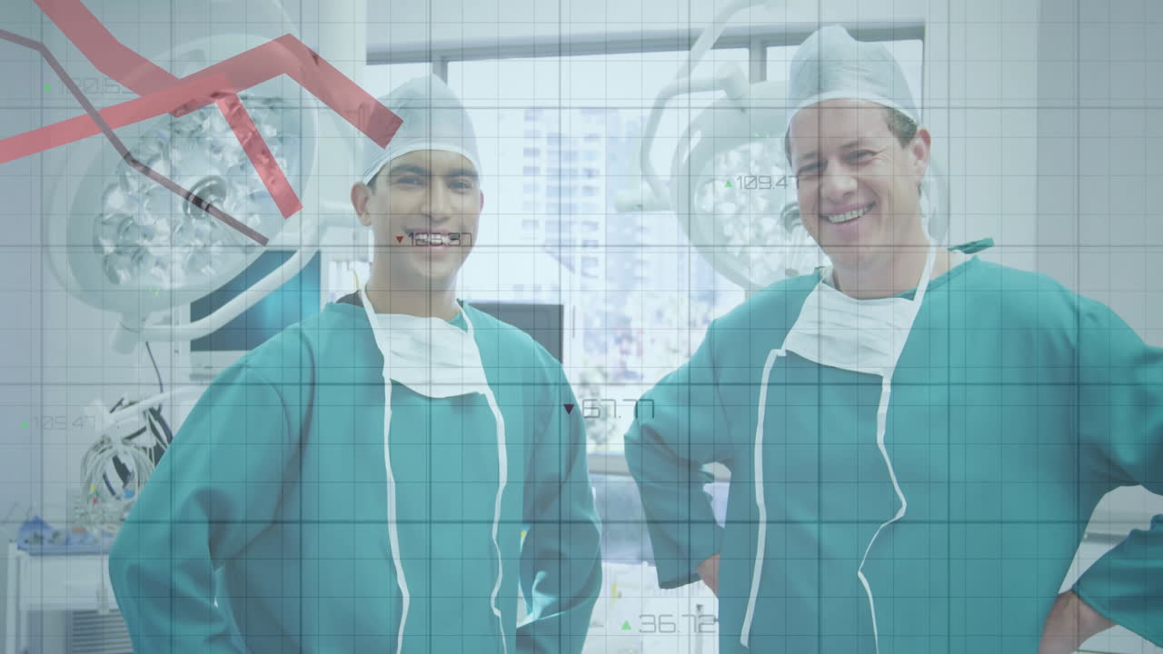 Animatie van gegevensverwerking over diverse mannelijke chirurgen in een ziekenhuis