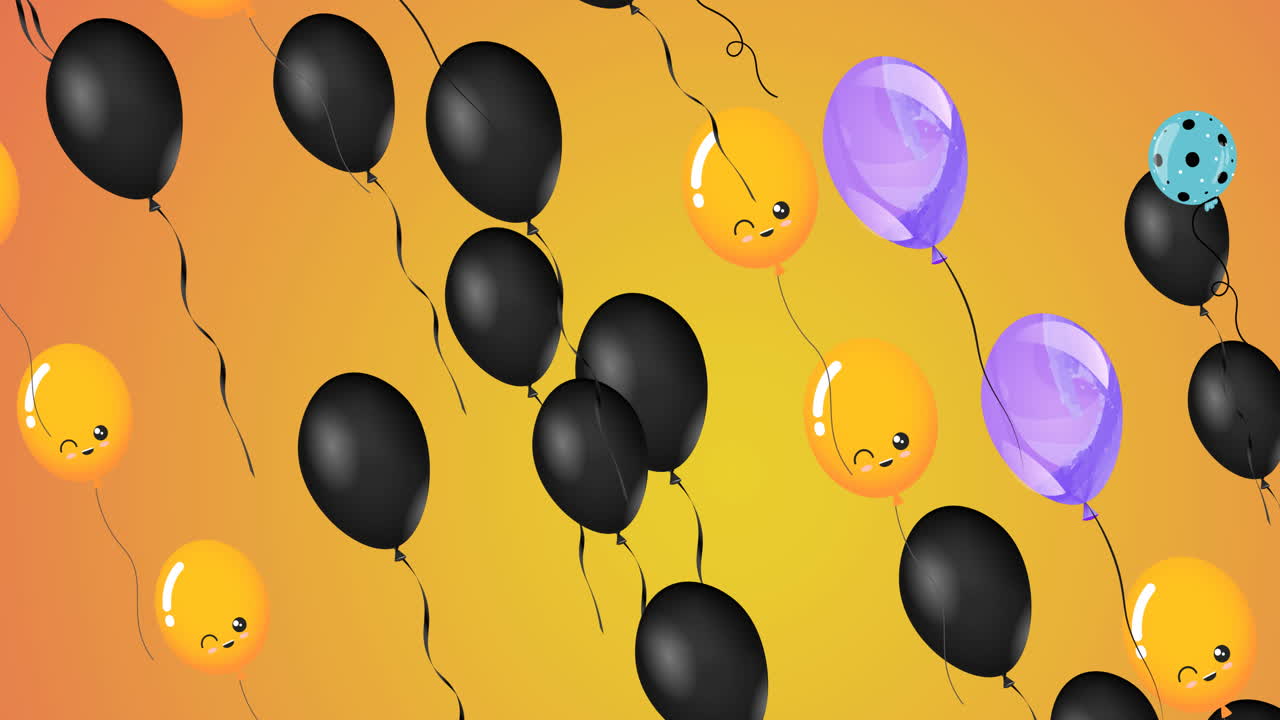 Animazione di palloncini colorati con volti che volano su sfondo arancione