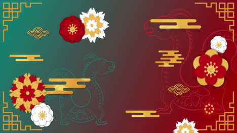 animation of dragons symbols and chinese pattern on red to green background