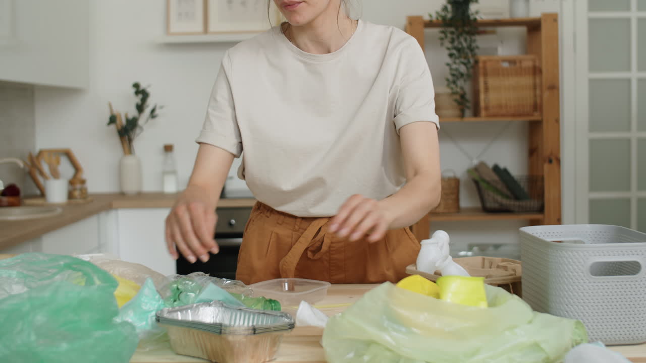 집 에서 플라스틱 을 분류 하는 여자 의 클로즈업