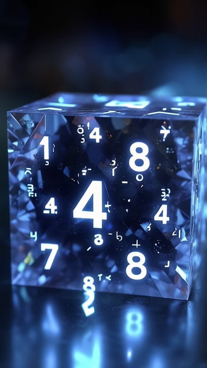 Un dinamico cubo di cristallo impreziosito da numeri luminosi avvolge lo spettatore in un'affascinante esposizione di motivi matematici e riflessi di luce.