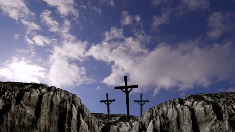 animation of three christian crosses over sunshine and clouds