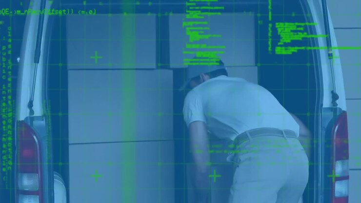 Databehandling over en kaukasisk leveringsmand, der fjerner leveringskasser fra sin varevogn