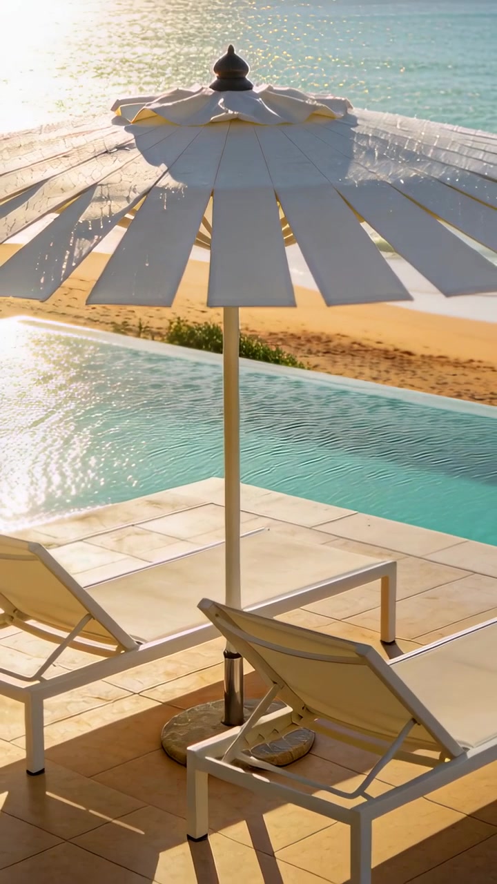 Vertical video: Pulling back camera revealing resort terrace with white parasol and turquoise pool