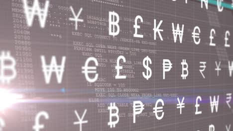 animation of multiple currency symbols over data processing against light spot on black background