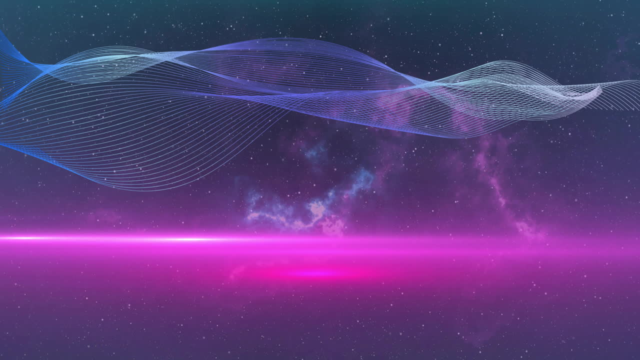 Animation of glowing light trails and mesh moving over black background