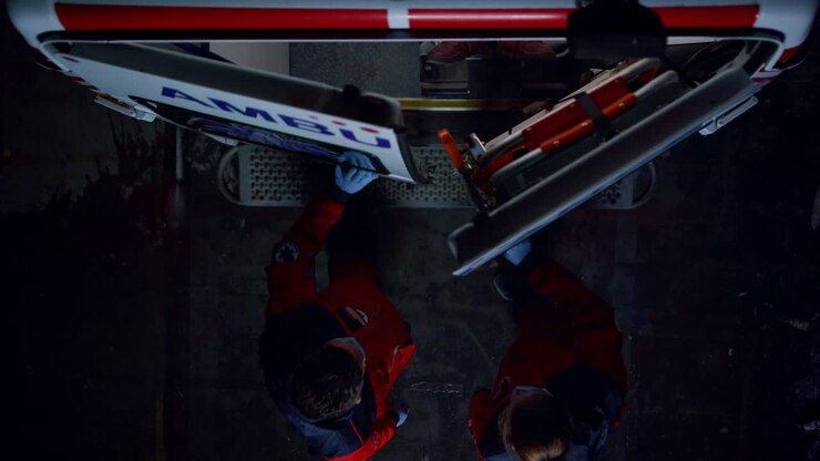 Top view of paramedics closing doors of ambulance car