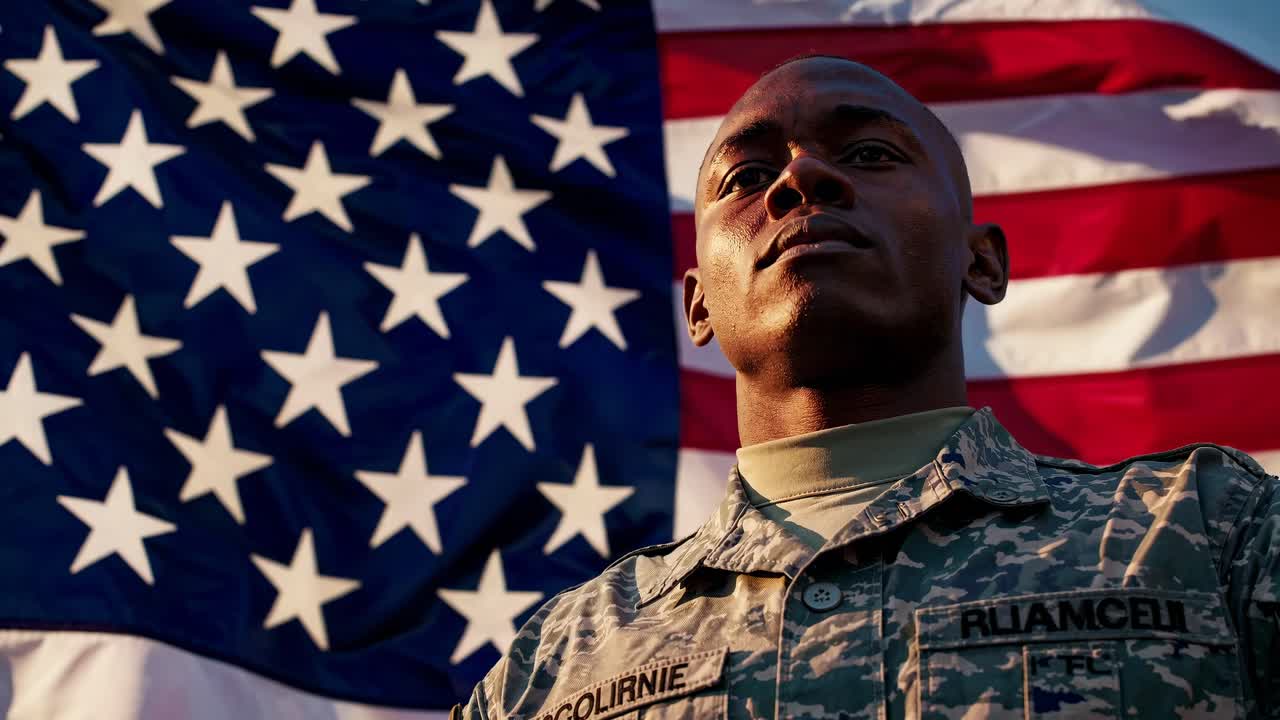 Low-angle video shot of a soldier in uniform, standing proudly before a large American flag