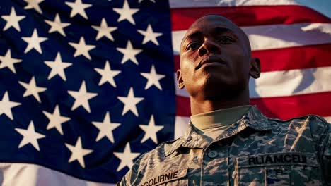 low-angle video shot of a soldier in uniform, standing proudly before a large american flag