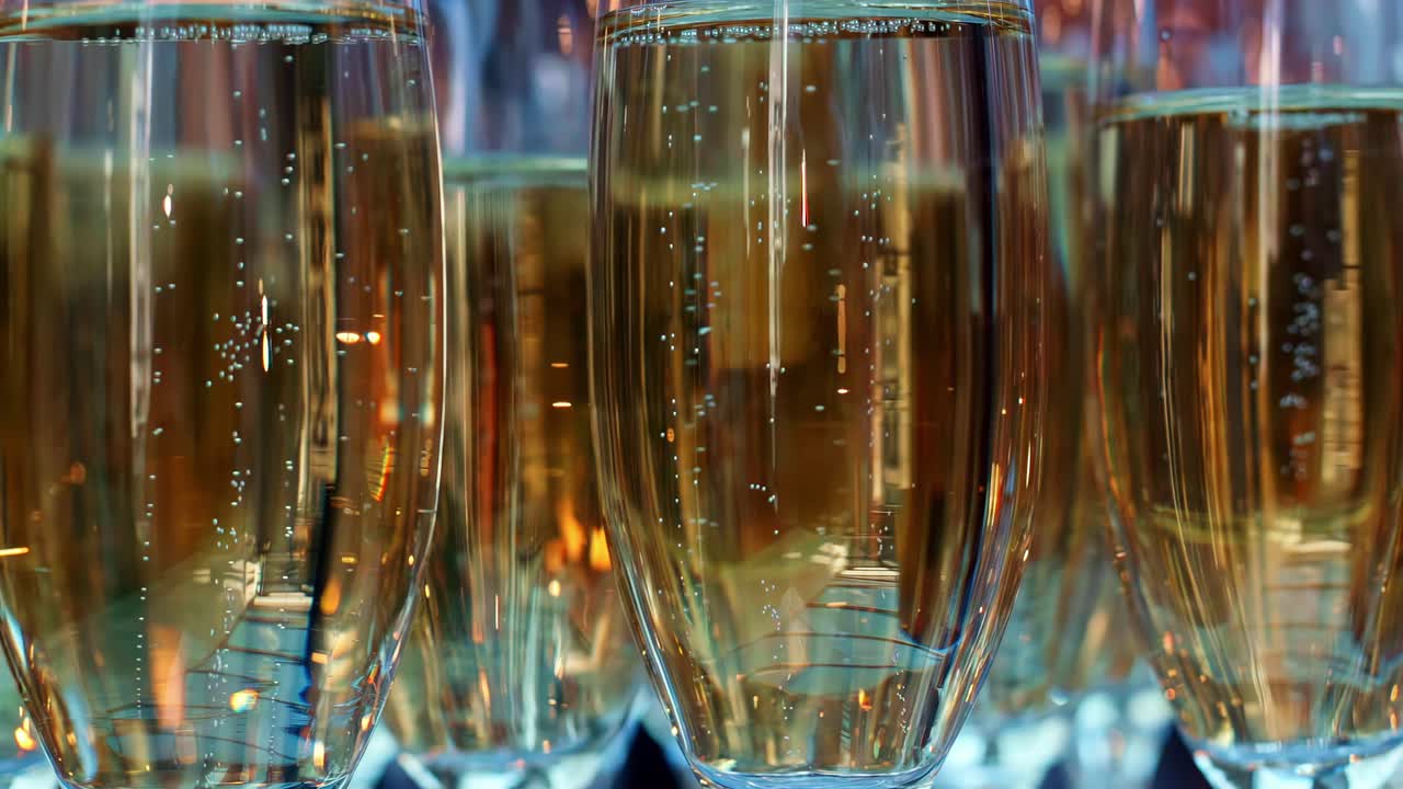 Calici con champagne frizzante sono pronti per gli ospiti. Primo piano.