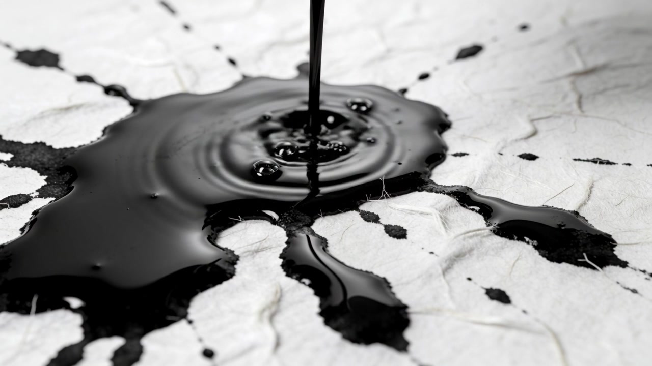 Pouring narrow black stream contacting crumpled paper at tabletop, forming rippled pool and bubbles