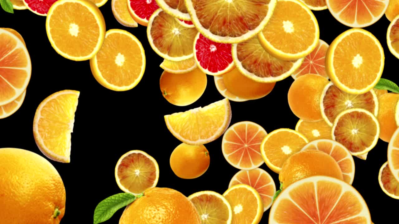 fondo de naranjas caídas, bucle, 60 fps, con canal alfa