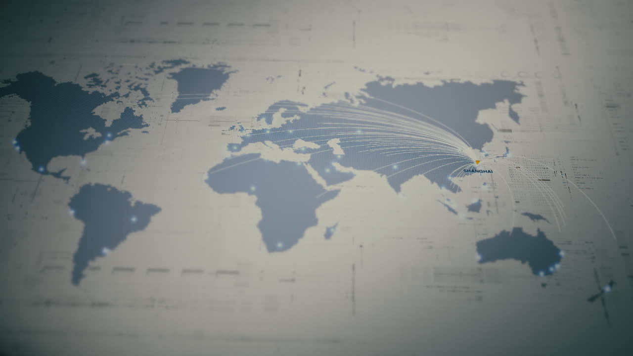 Globalt forretningsnetværkskort med glødende dataforbindelser, verdensomspændende forbindelse, logistikruter, sikker kommunikation, cloud-infrastruktur, big data-teknologi: Shanghai, Kina.