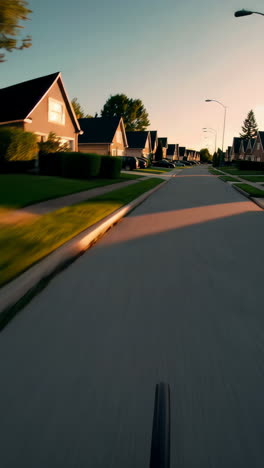 pov bicycle ride through a suburban neighborhood at golden hour