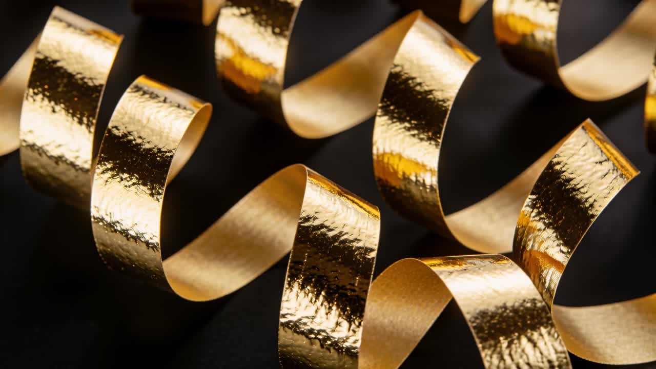 Luci dinamiche che inviano riflessi attraverso nastri d'oro arricciati in studio, rivelando la loro forma.