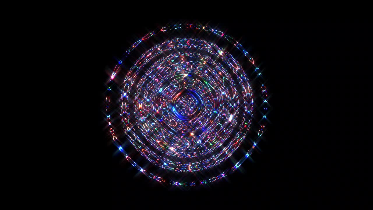 forma redonda animada de luces intermitentes multicolores, sobre un fondo negro