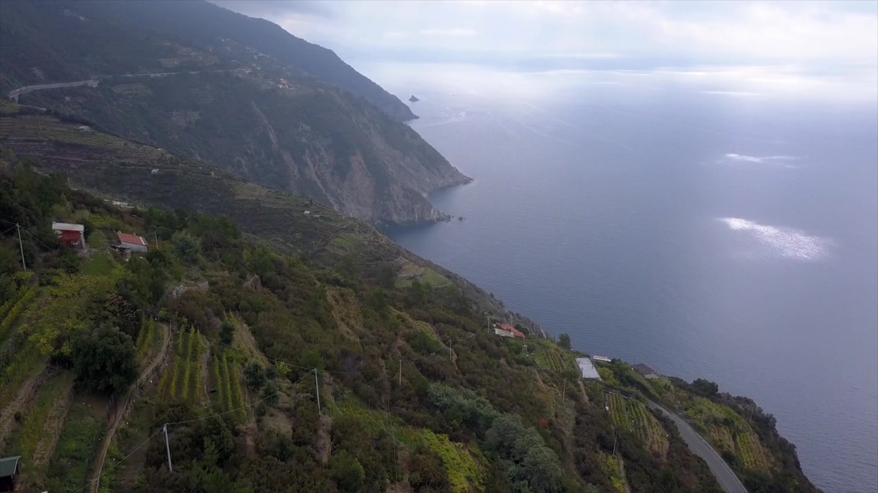 Tomada aérea cinematográfica de drone de falésias costeiras íngremes e verdejantes, vinhedos em socalcos e uma estrada sinuosa com vista para o Mar Mediterrâneo em Cinque Terre, Itália