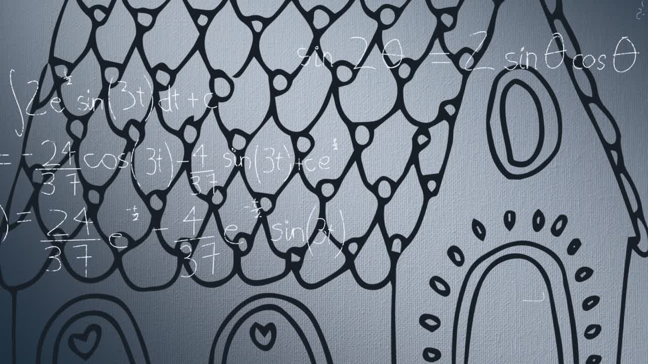 ⁇ 색 배경에 수학 방정식과 집 그림의 애니메이션