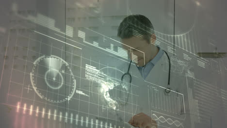 animation of scientific data processing over caucasian male doctor using tablet