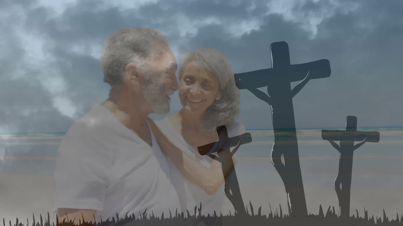 Portrait fading over seaside with three crosses senior couple touching leaning smiling for branding