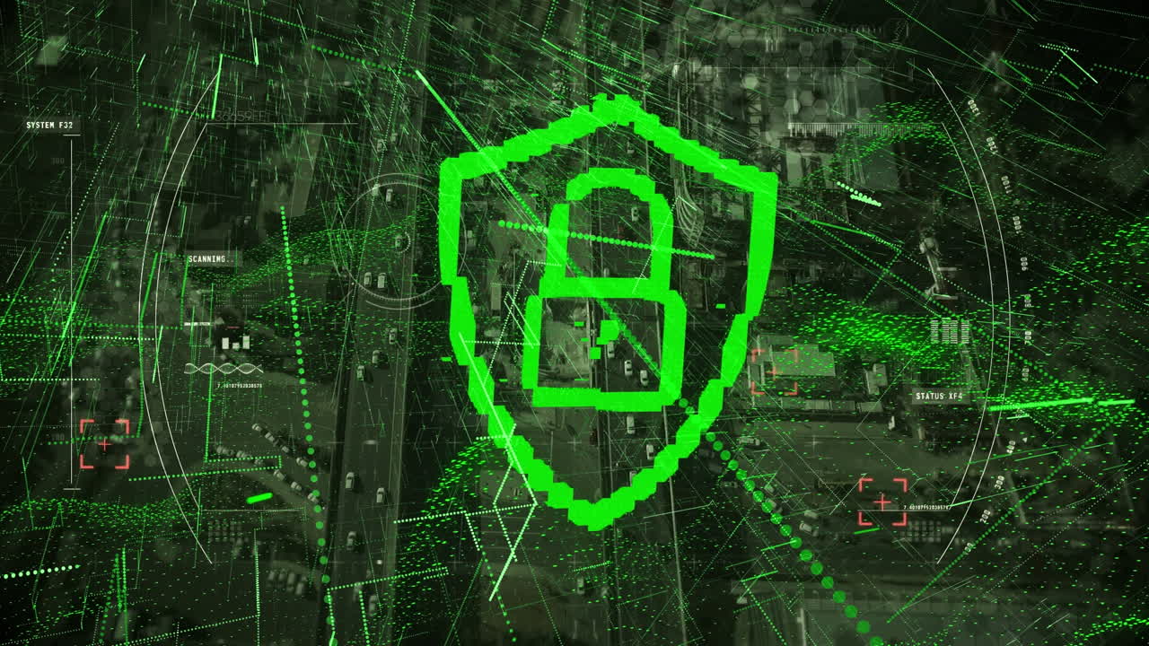 animación del procesamiento de datos y el candado sobre el paisaje urbano