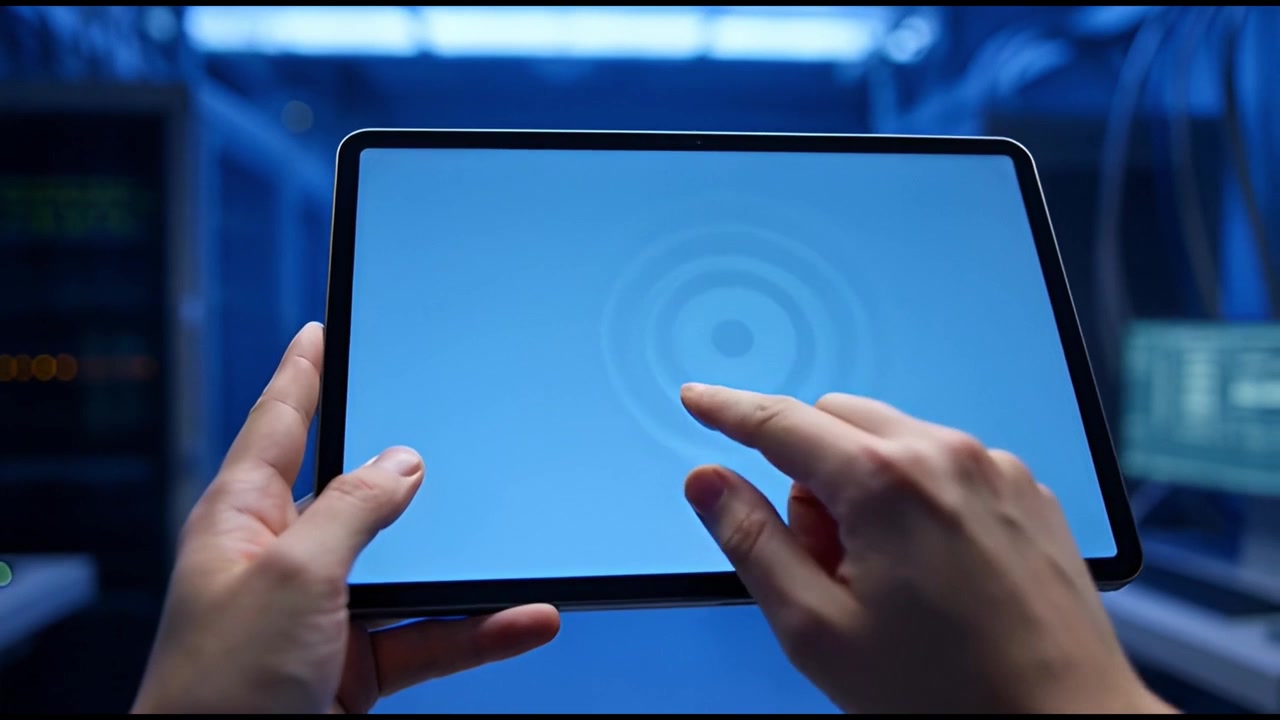 Mani che toccano e scorrono su un tablet con schermo blu in una sala server