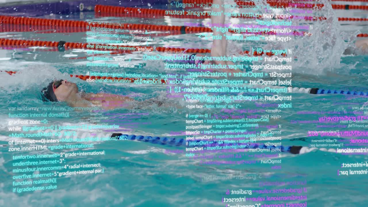 Zwei männliche Schwimmer im Rückenschwimmen durchbrechen mit den Armen das Wasser und setzen wirbelnde Tech-Code-Ströme frei.