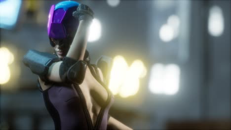 futuro concepto de mujer cyberpunk con luces de neón de la ciudad