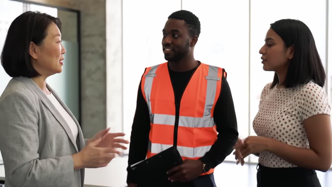 In a bright, contemporary office, three team members engage in a lively discussion about their project's developments and next steps while showcasing professional attire and teamwork.