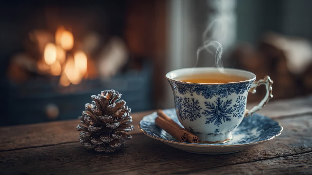A Cozy Winter Scene Featuring a Warm Cup of Tea, Decorative Pine Cone, and Cinnamon Sticks, All Set Against a Hearth with a Softly Glowing Fire