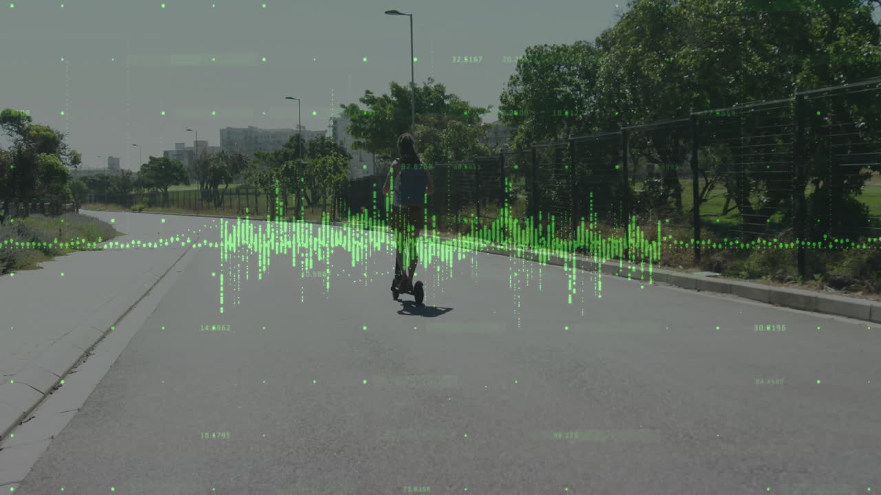 woman riding electric scooter along park pathway, showing green waveform overlay for tech marketing