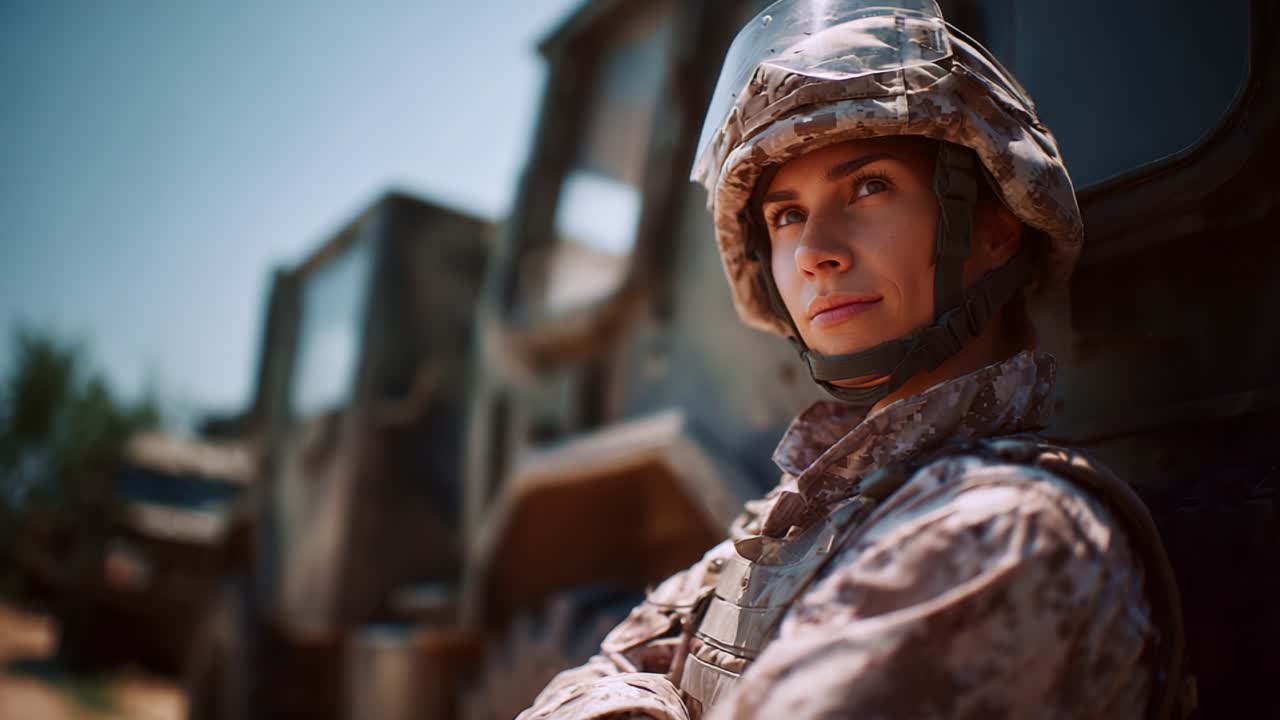 Una soldatessa sicura di sé si appoggia a un veicolo blindato, mostrando determinazione e forza in un contesto militare sotto un cielo azzurro.