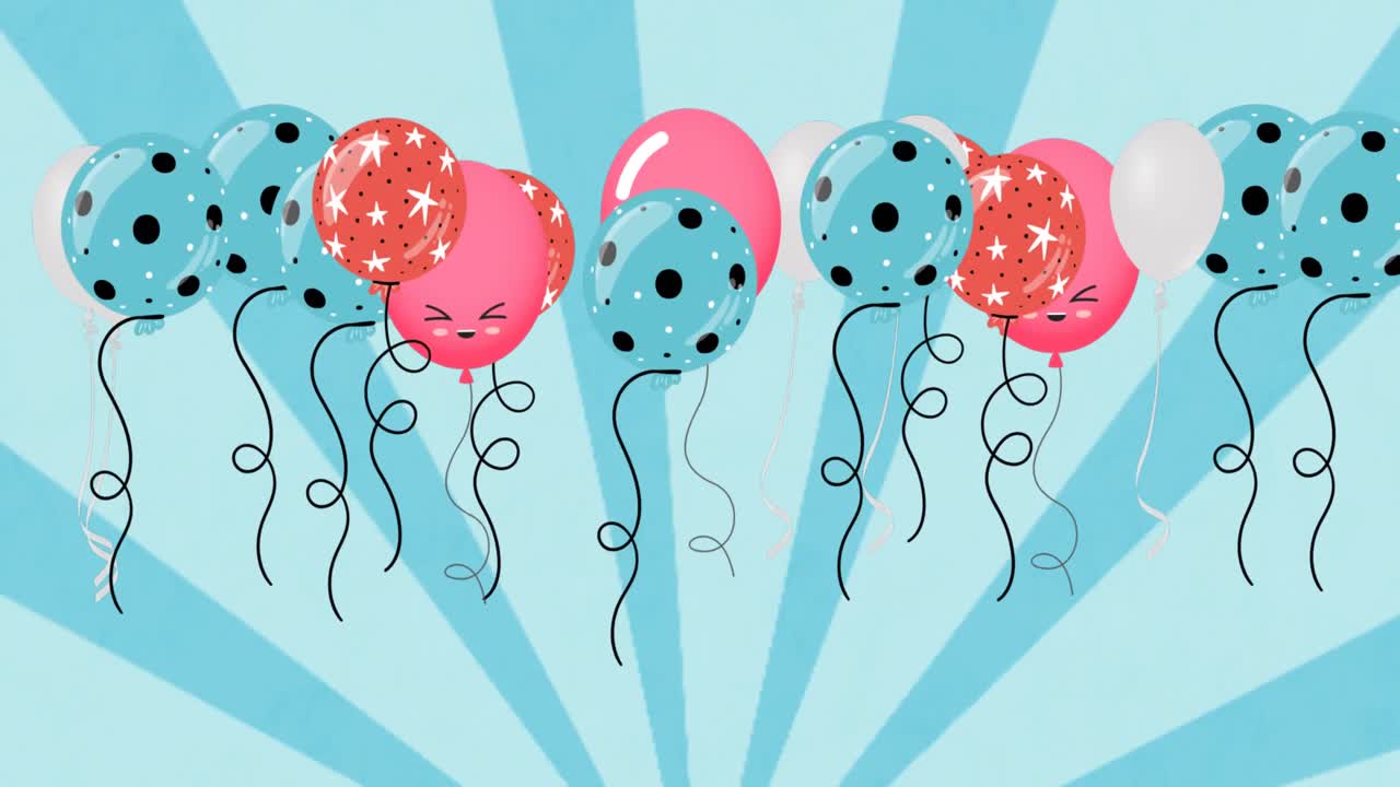 Animazione di palloncini colorati che volano su sfondo blu.