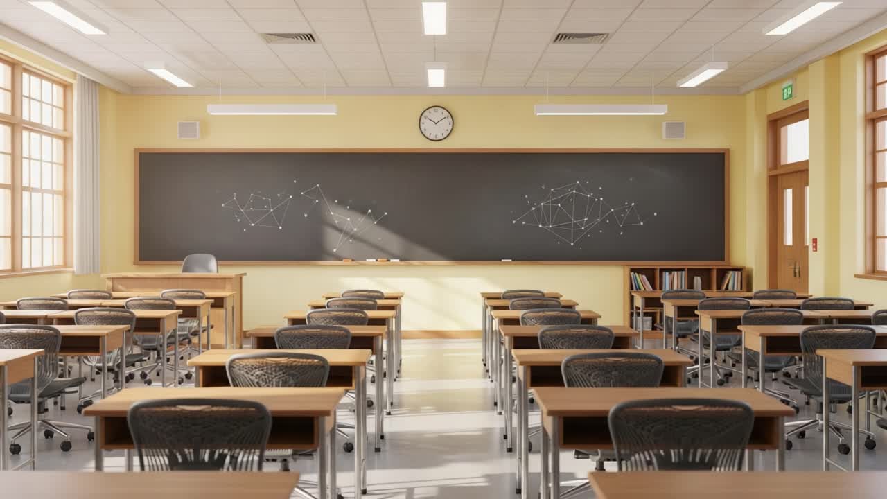 A Bright and Inviting Classroom Setting with Desks Organized for Learning, Featuring a Chalkboard, Natural Light, and Educational Decor