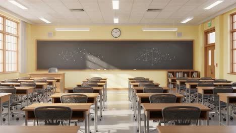 a bright and inviting classroom setting with desks organized for learning, featuring a chalkboard, natural light, and educational decor