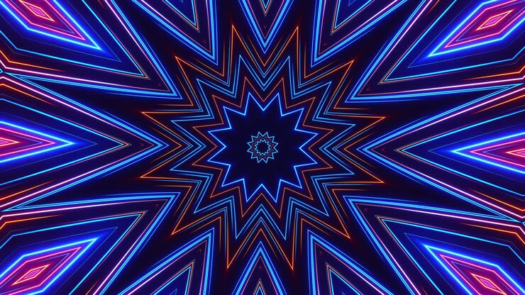 Objeto em forma de estrela com muitas cores e formas. Loop VJ de caleidoscópio