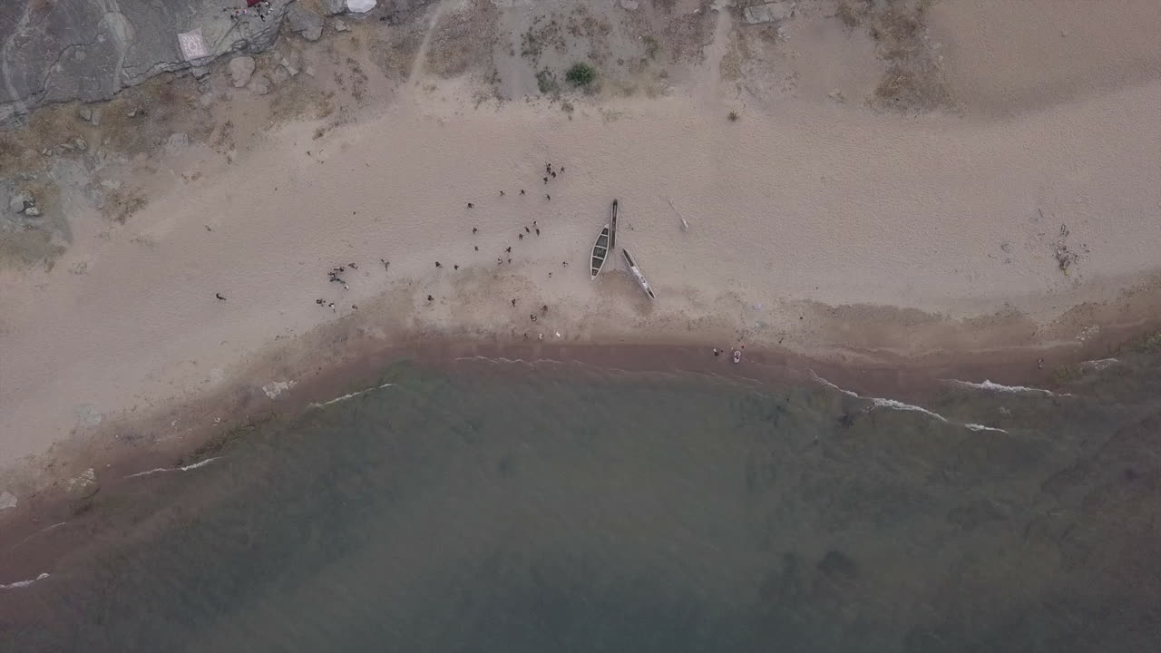 상승 수직 공중: 말라위 호수의 모래 해변에 있는 아이들, 카누