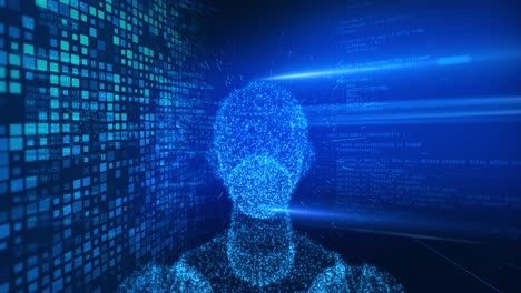 ai-powered future: digital human head in code background