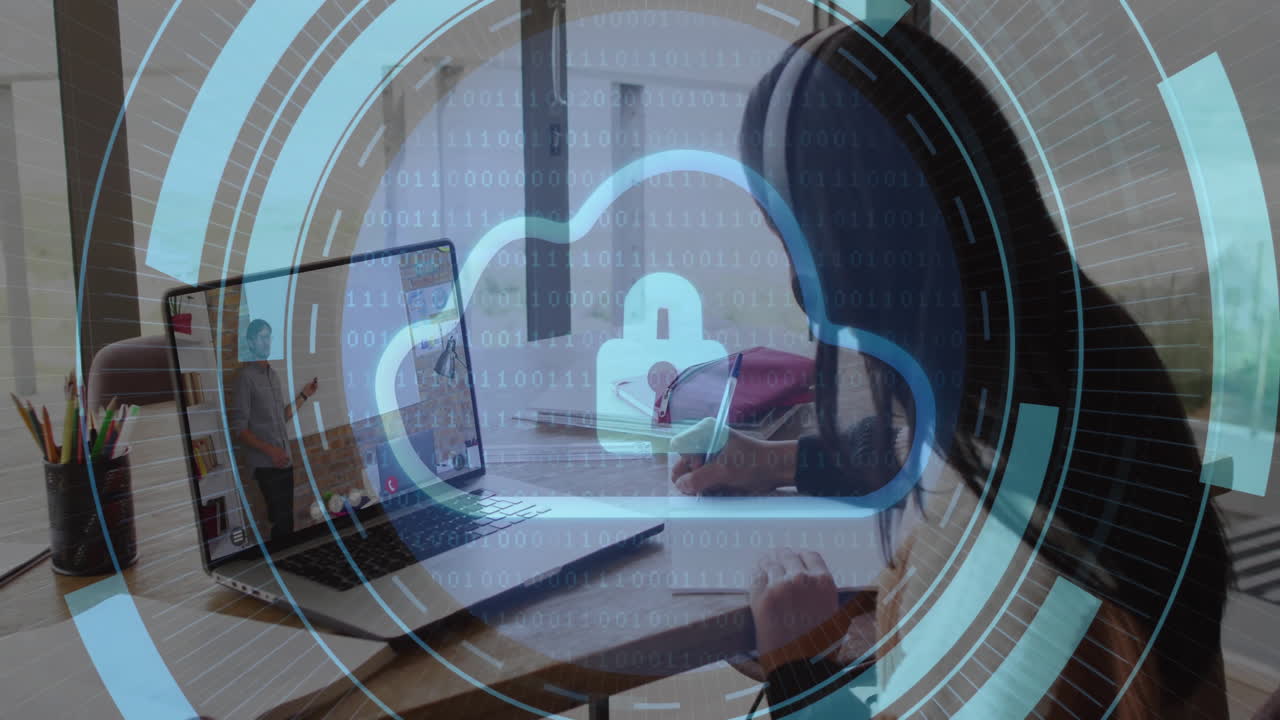 Cloud security animation over person working on laptop at home