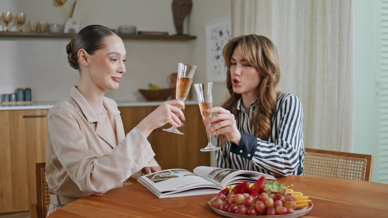 Friends cheers wine glasses at friendly home meeting closeup. Two smiling women
