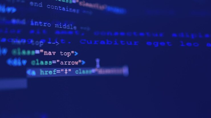 4K Close up shot HTML tag code on PC Monitor scroll down on blue screen.