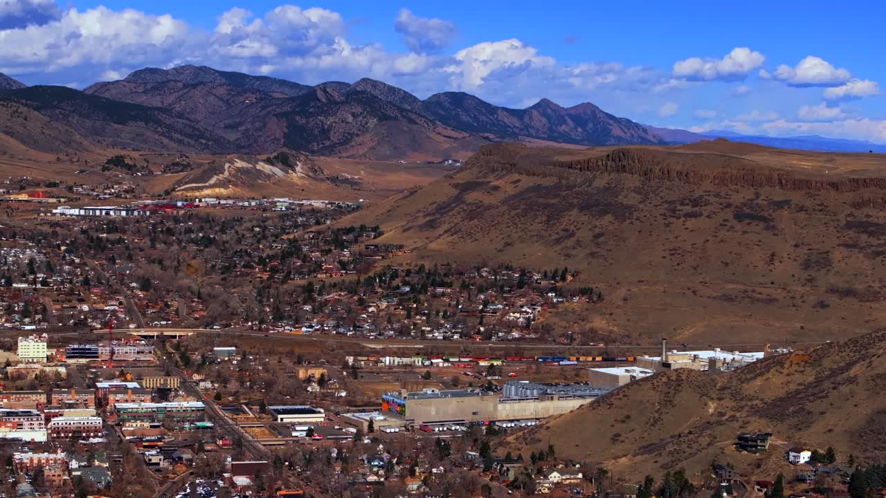 Beautiful crisp cold winter day sunny clouds downtown historic Golden Colorado aerial drone North Table Mountain Flat Irons Boulder highway 93 Golden Gate Canyon Coors Beer Factory circle right