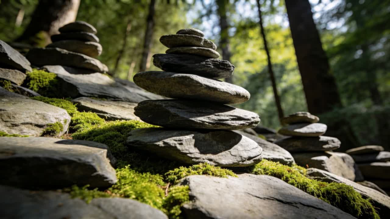 Inizio del movimento della telecamera che avvicina un cairn centrale, rivelando la texture su una roccia muschiosa, con la luce che cambia